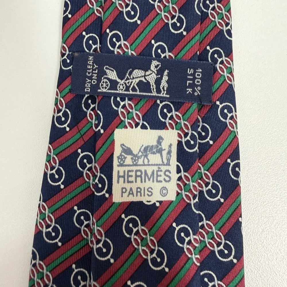 Hermes Men's Tie Chain Link Nautical Striped Navy/Red/Green 984 SA Silk 3